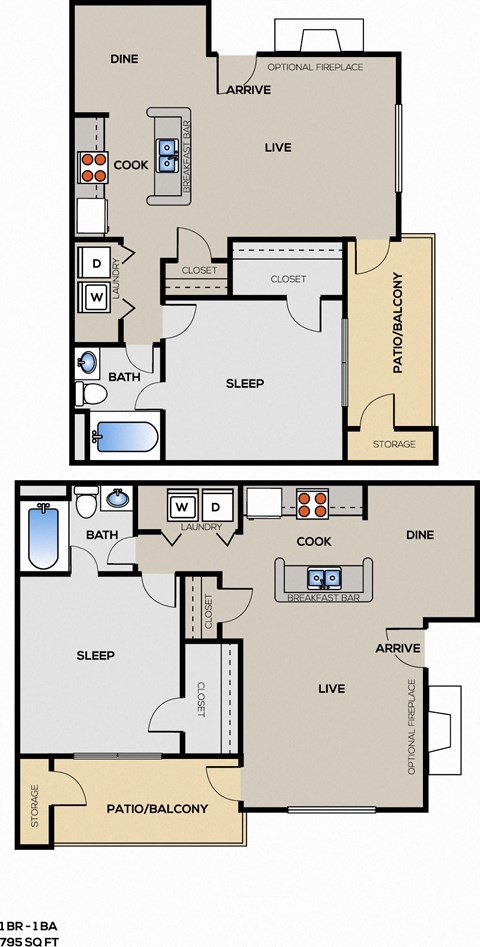 Floor plan for 1 bed, 1 bath, 795 sqft